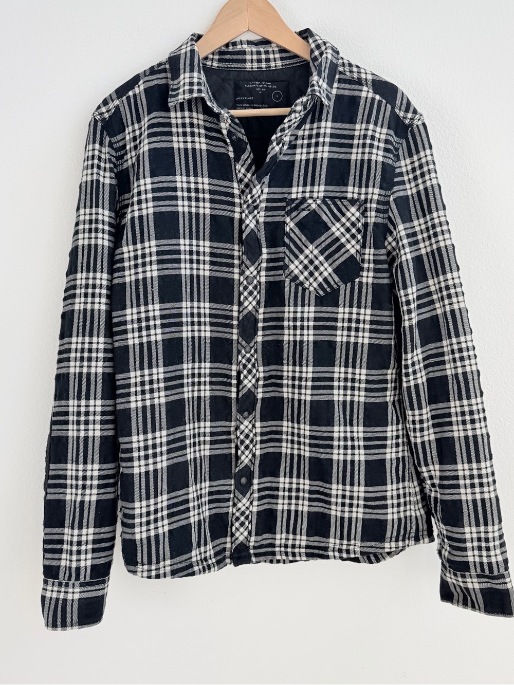 AllSaints Spitalfields Plaid Quilted Shirt Jacket Black White Size L